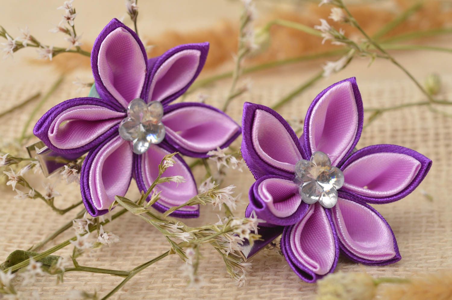 Handmade hair accessories handcrafted jewelry set 2 kanzashi flowers hair clips photo 1