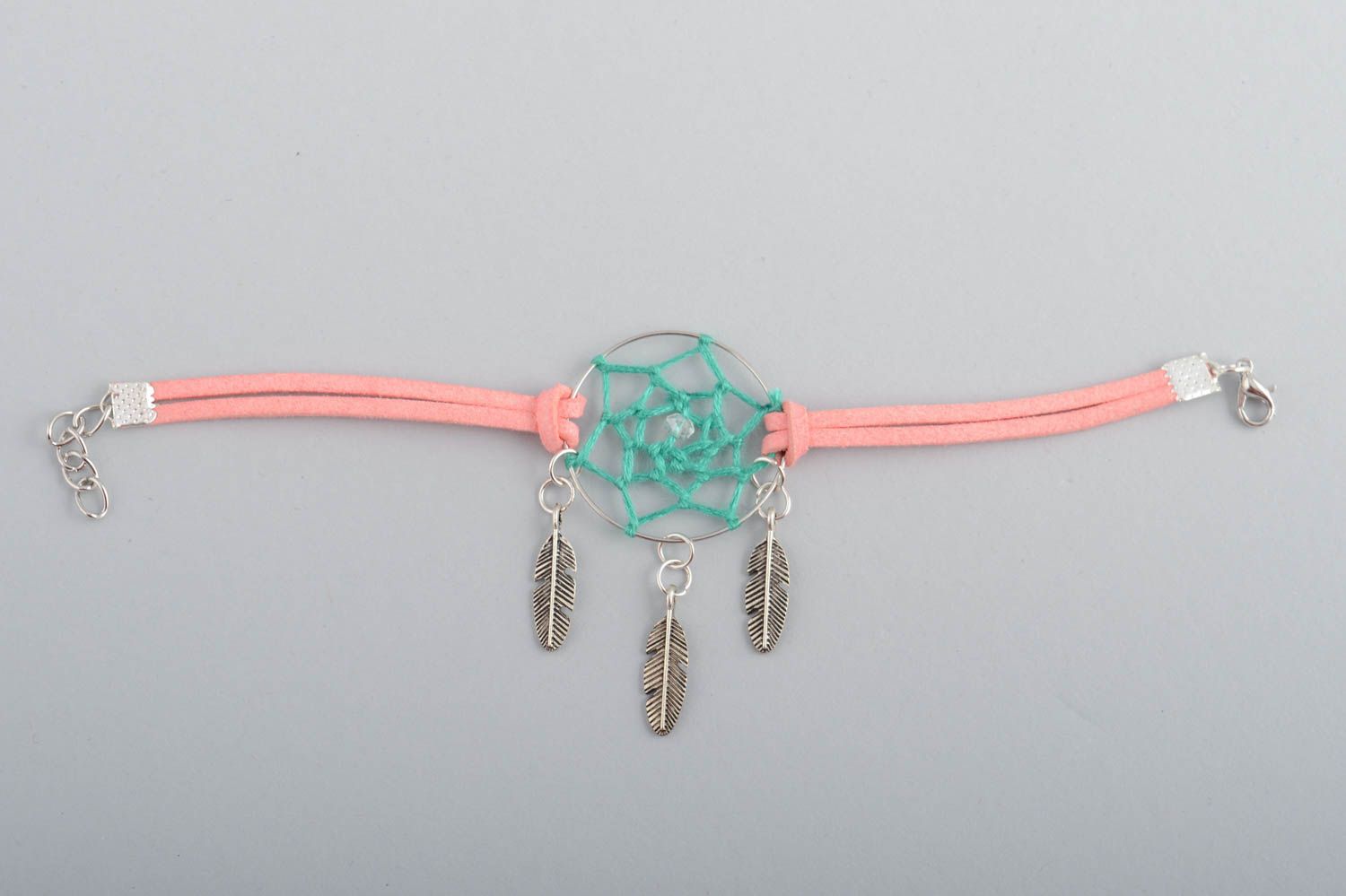 Handmade pink faux suede cord wrist bracelet with dreamcatcher amulet and charms photo 2