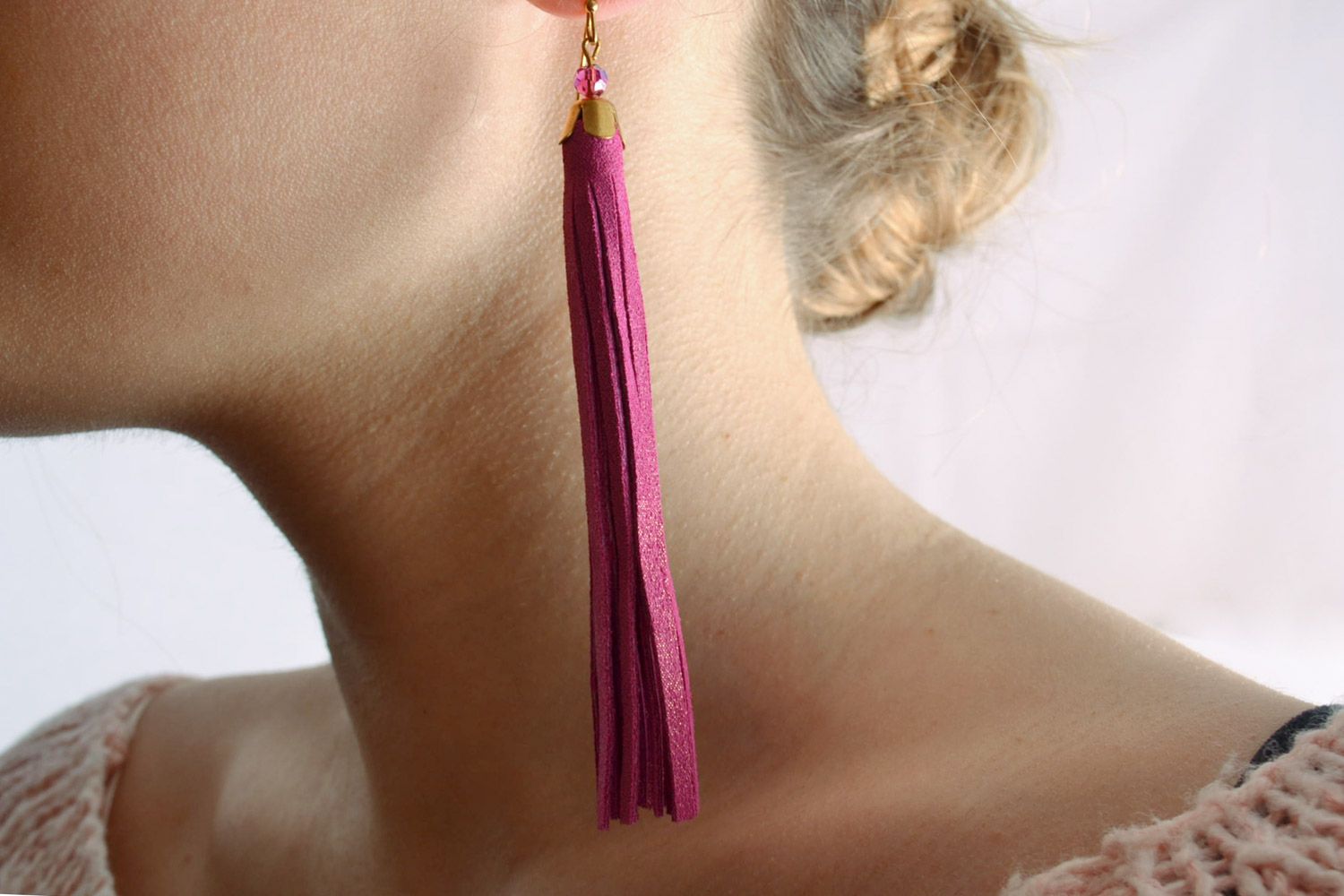 Long handmade earrings with a fringe made of genuine suede pink bright stylish accessory photo 1