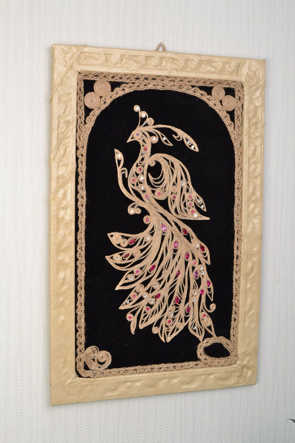 Panel de cuero y terciopelo con aplicación artesanal Pájaro de paraíso foto 3