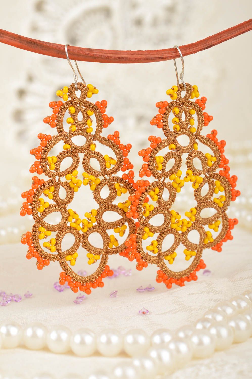 Beautiful yellow and orange handmade designer woven lace earrings tatting photo 1