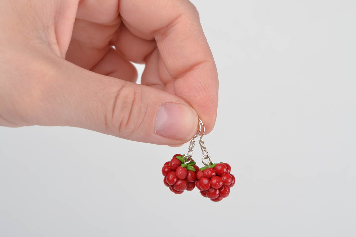 Handmade designer cute polymer clay earrings in the shape of red raspberry photo 2