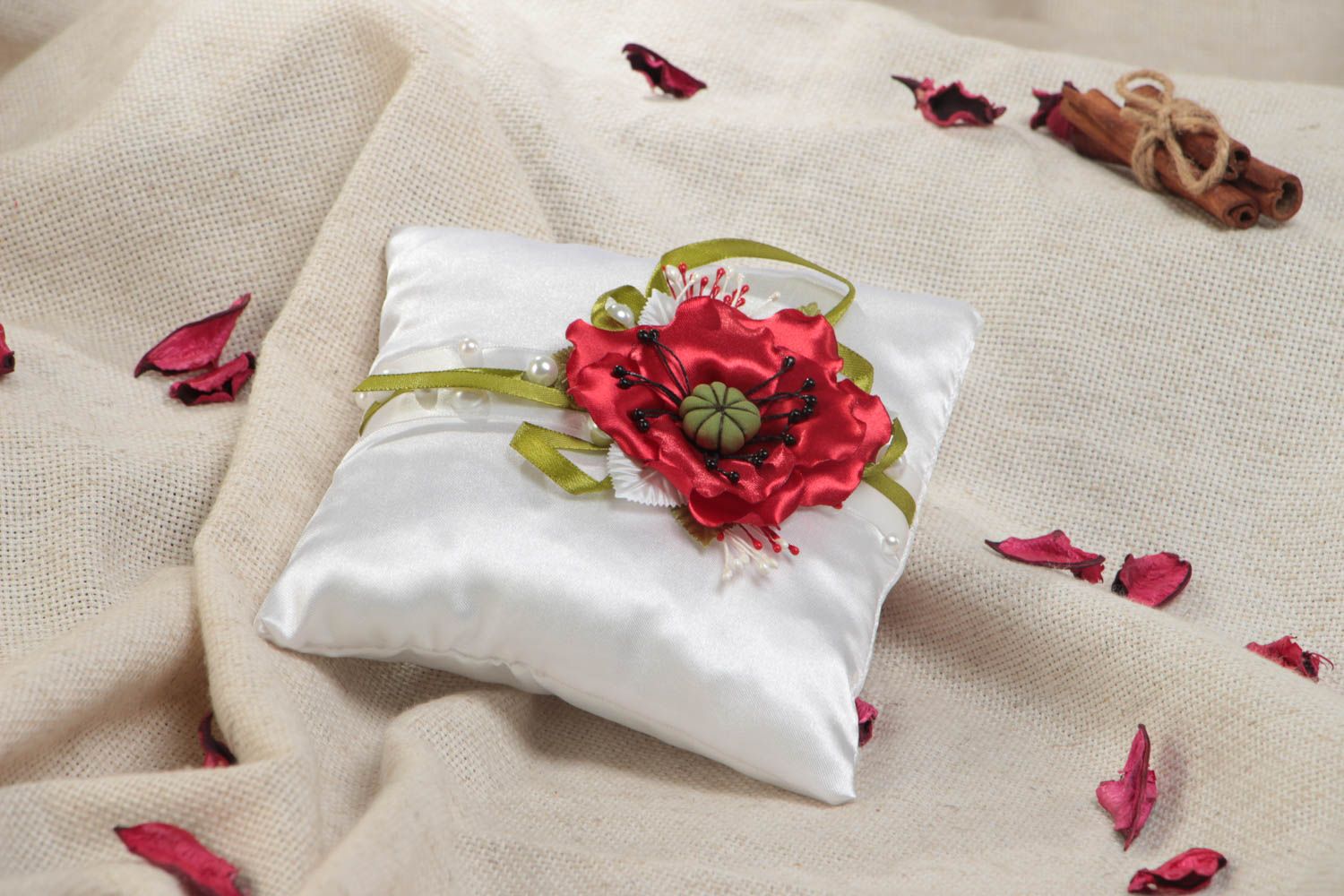 Beautiful handmade designer satin ring bearer pillow with poppy flower photo 1