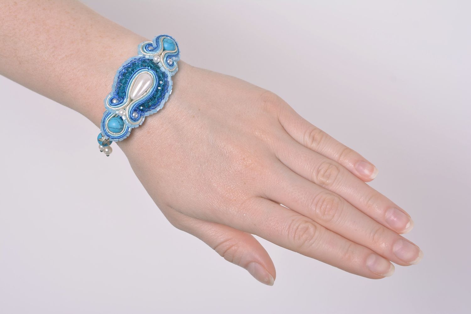 Schmuck Set handmade Halskette und Ohrringe Armband aus Stoff in Blau 3 Stück foto 4