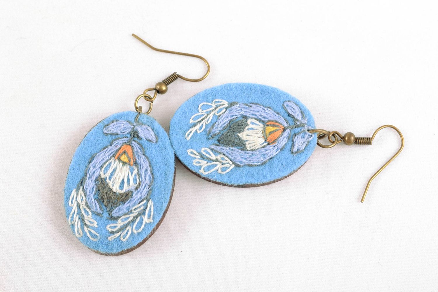 Designer oval earrings with embroidery of blue color photo 3