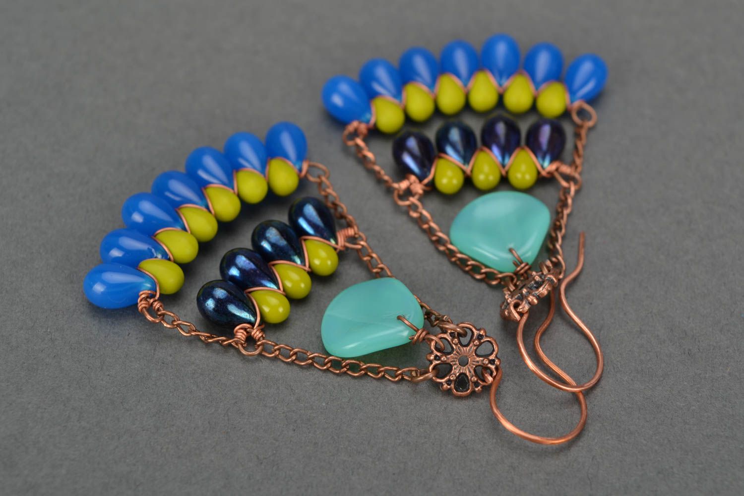 Beautiful handmade massive beaded earrings with Czech glass Peacock Tail photo 3