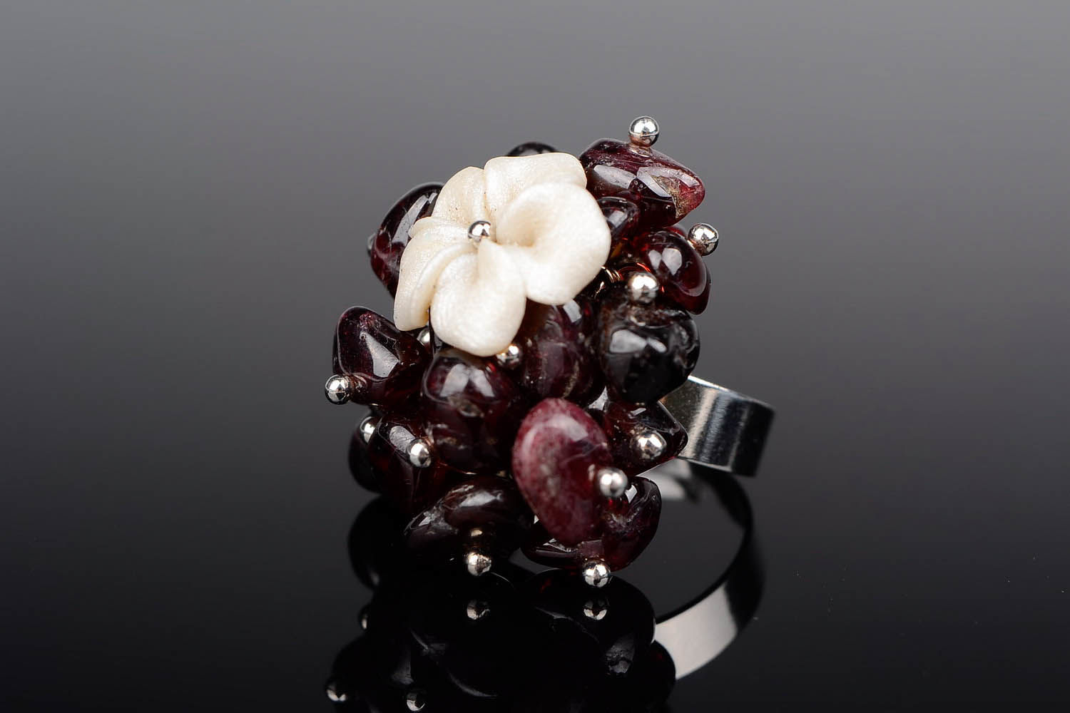Ring with garnet and polymer clay photo 3