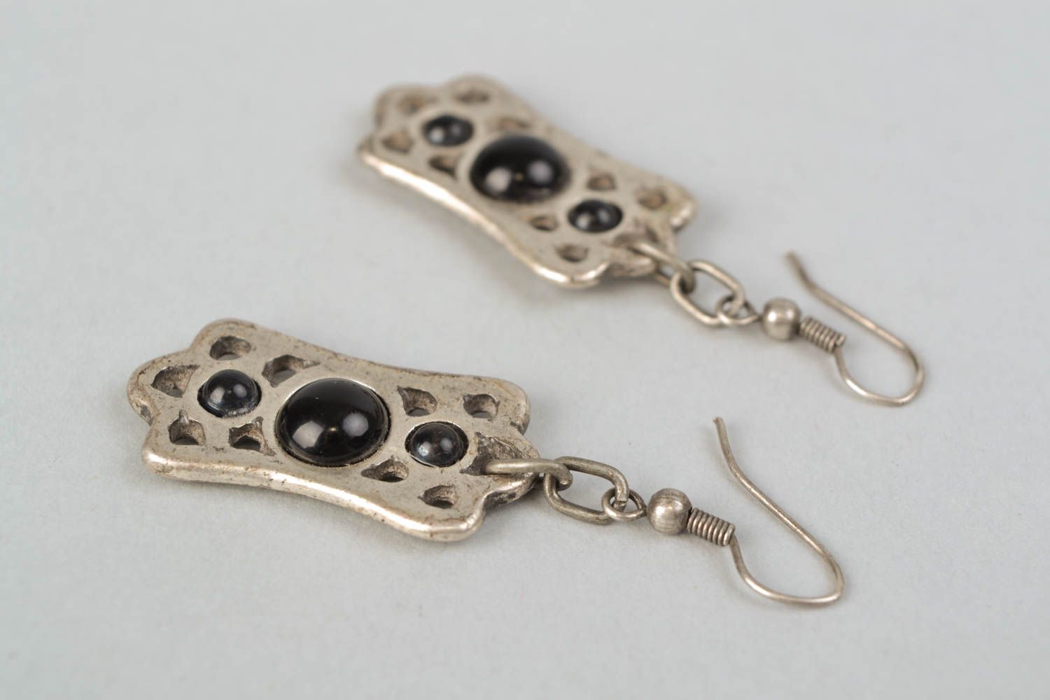 Metal earrings with black beads photo 4