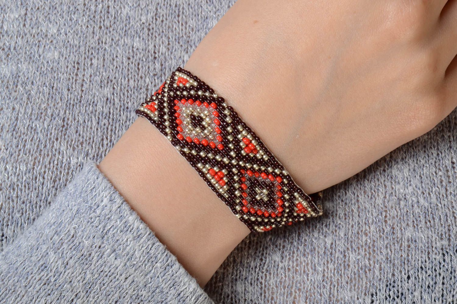 Dark handmade designer beaded wide bracelet with ornament in ethnic style photo 1