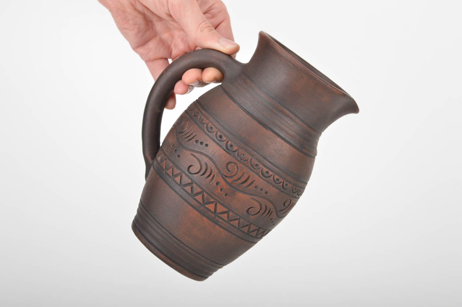 Belle cruche céramique grande faite main 1.7 litre marron écologique ornementée photo 3