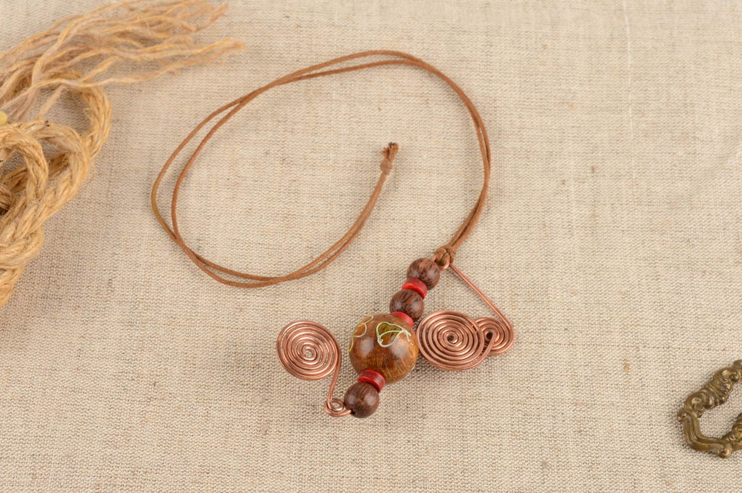 Handmade designer copper wire pendant with wooden beads on cord women accessory photo 1
