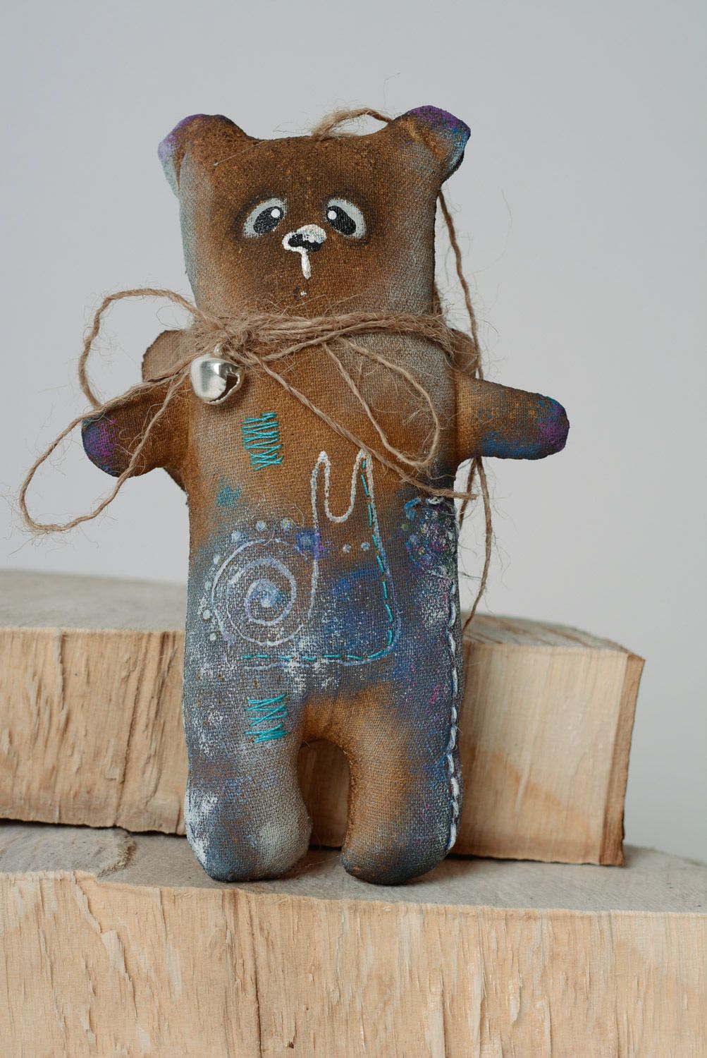 Handmade interior hanging soft toy sewn of cotton soaked with coffee bear photo 1