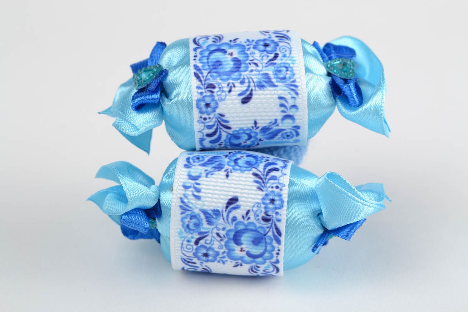 Set of handmade children's textile hair ties 2 pieces beautiful blue Candies photo 3