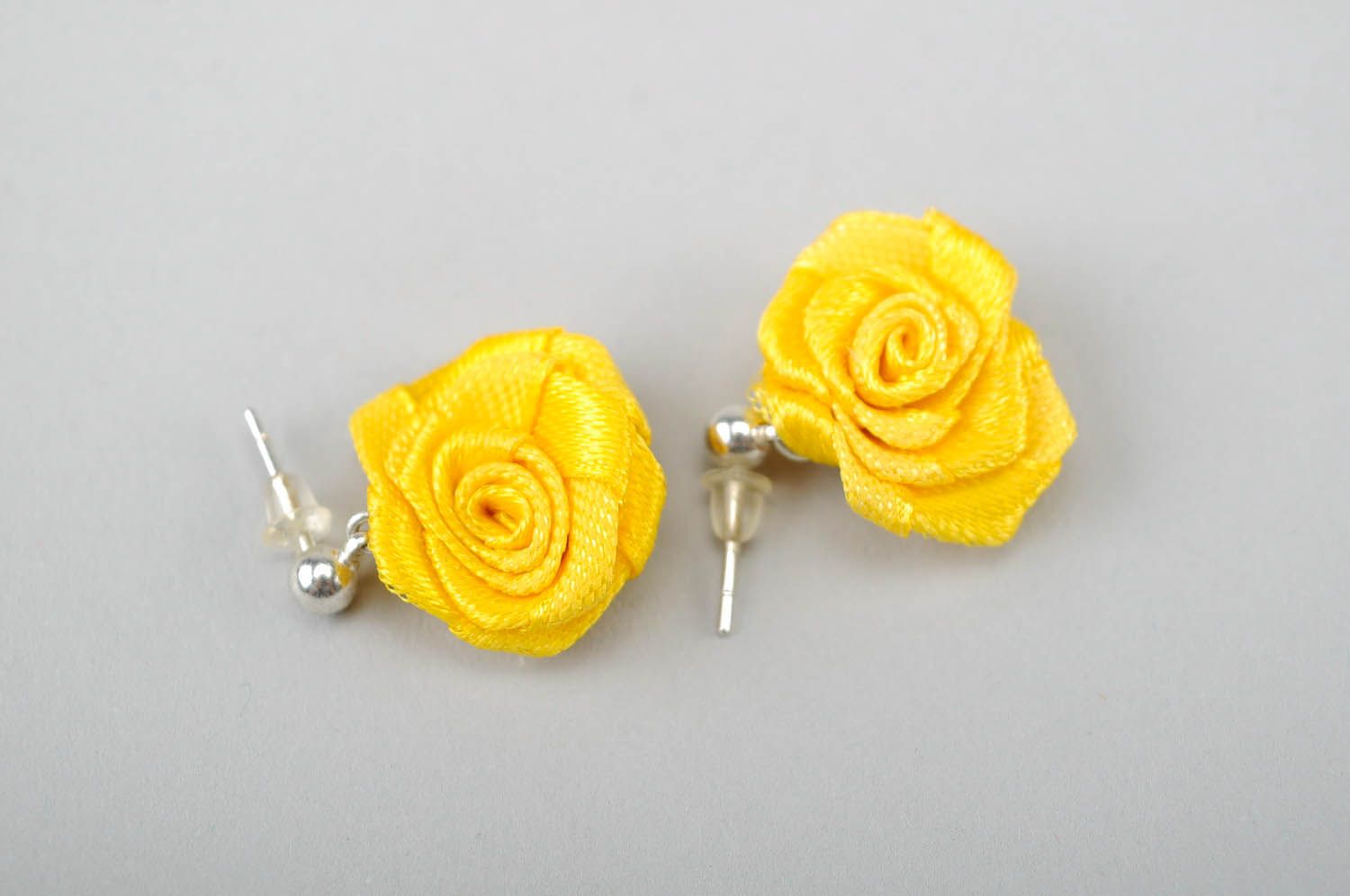 Earrings made of satin ribbons Yellow Rose photo 1