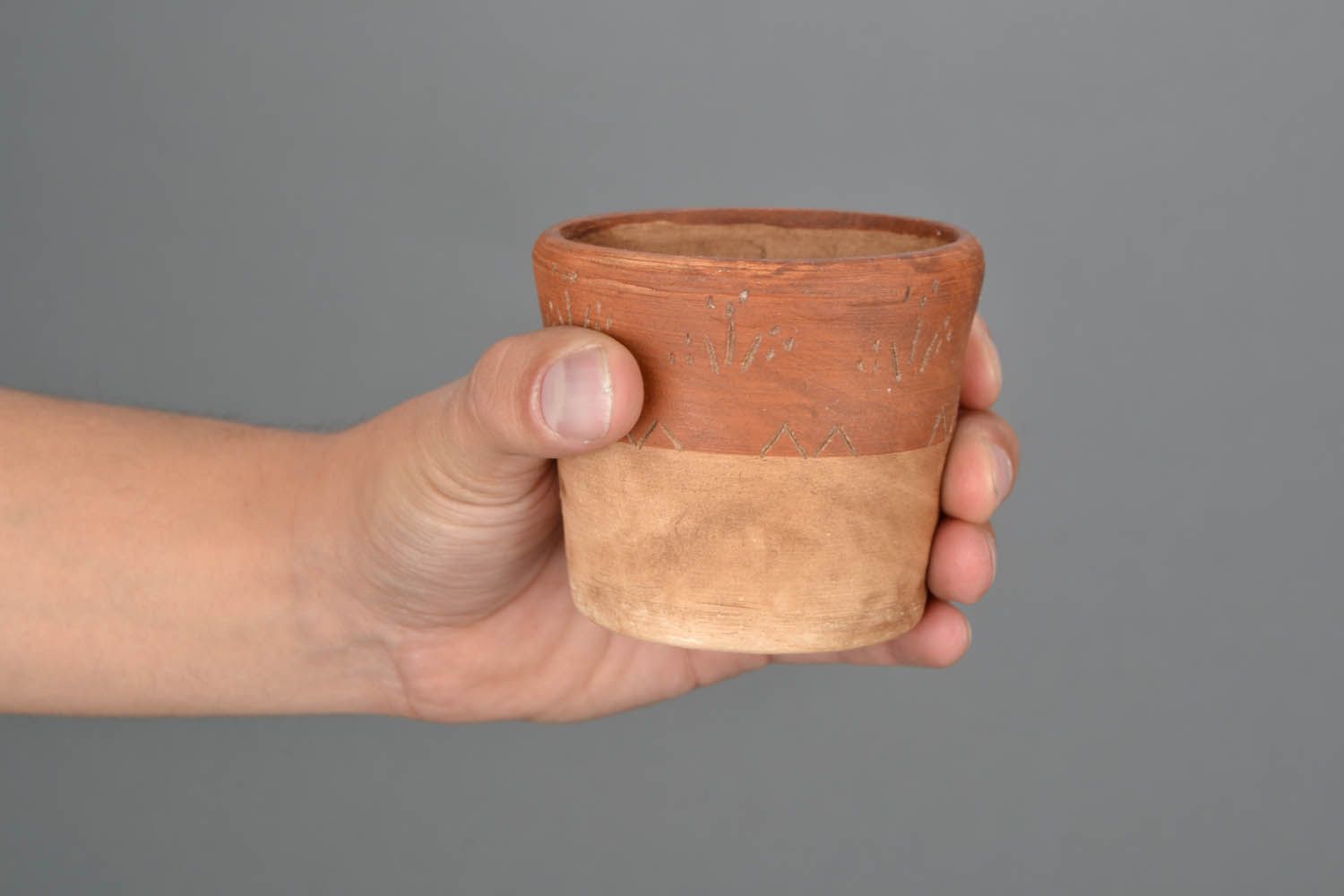 8 oz clay no glazed drinking cup with no handle and pattern photo 2