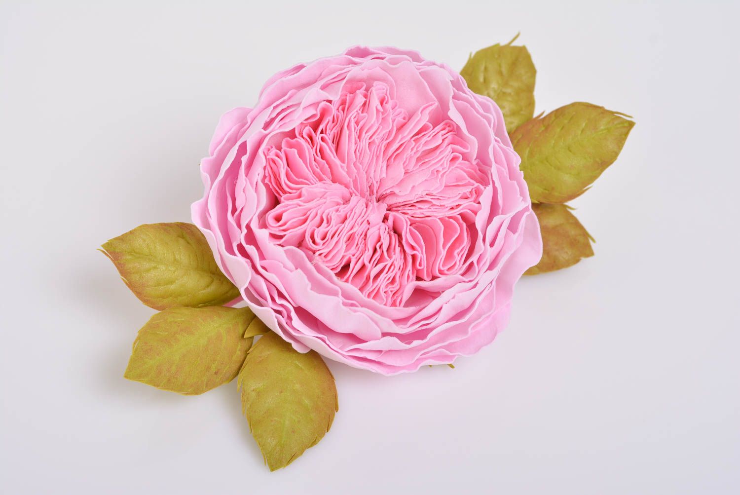 Homemade designer hair clip with large foamiran flower of bright pink color photo 5