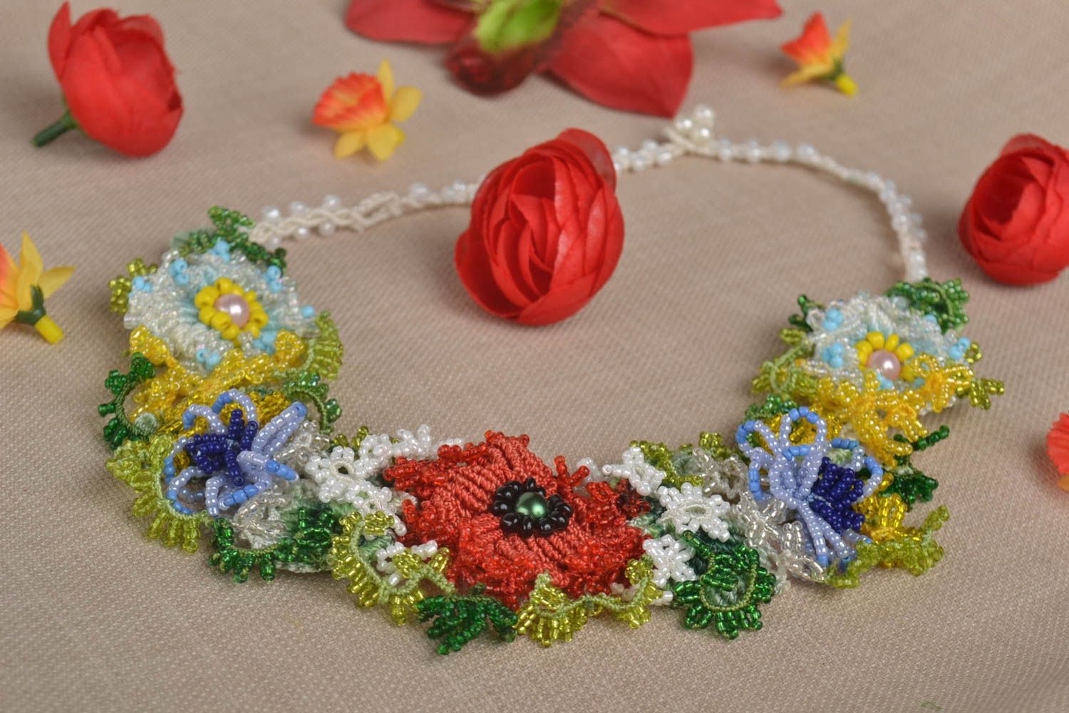 Handmade Blumen Collier Makramee Schmuck Accessoire für Frauen farbenfroh schön foto 1