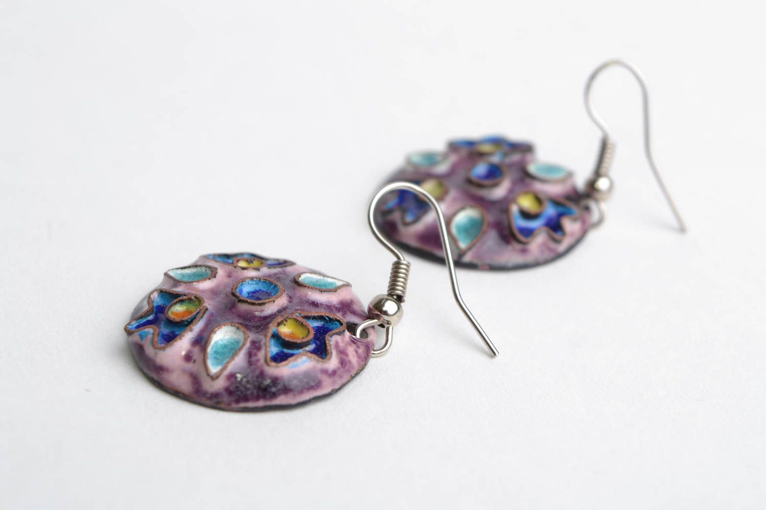 Handmade designer enameled copper round dangling earrings violet palette photo 4