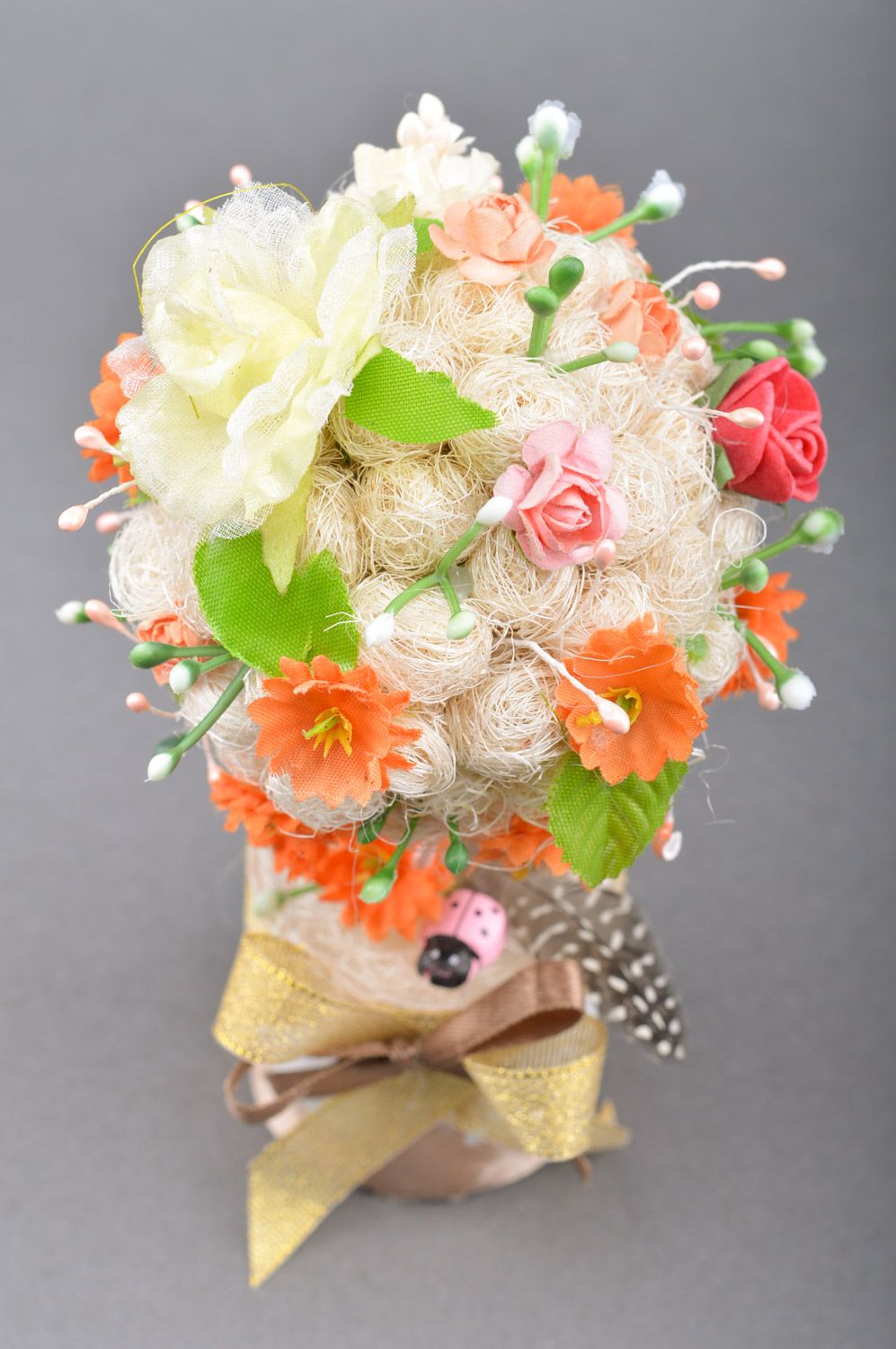 Handmade tender colorful floral topiary with sisal feathers and ribbons  photo 3