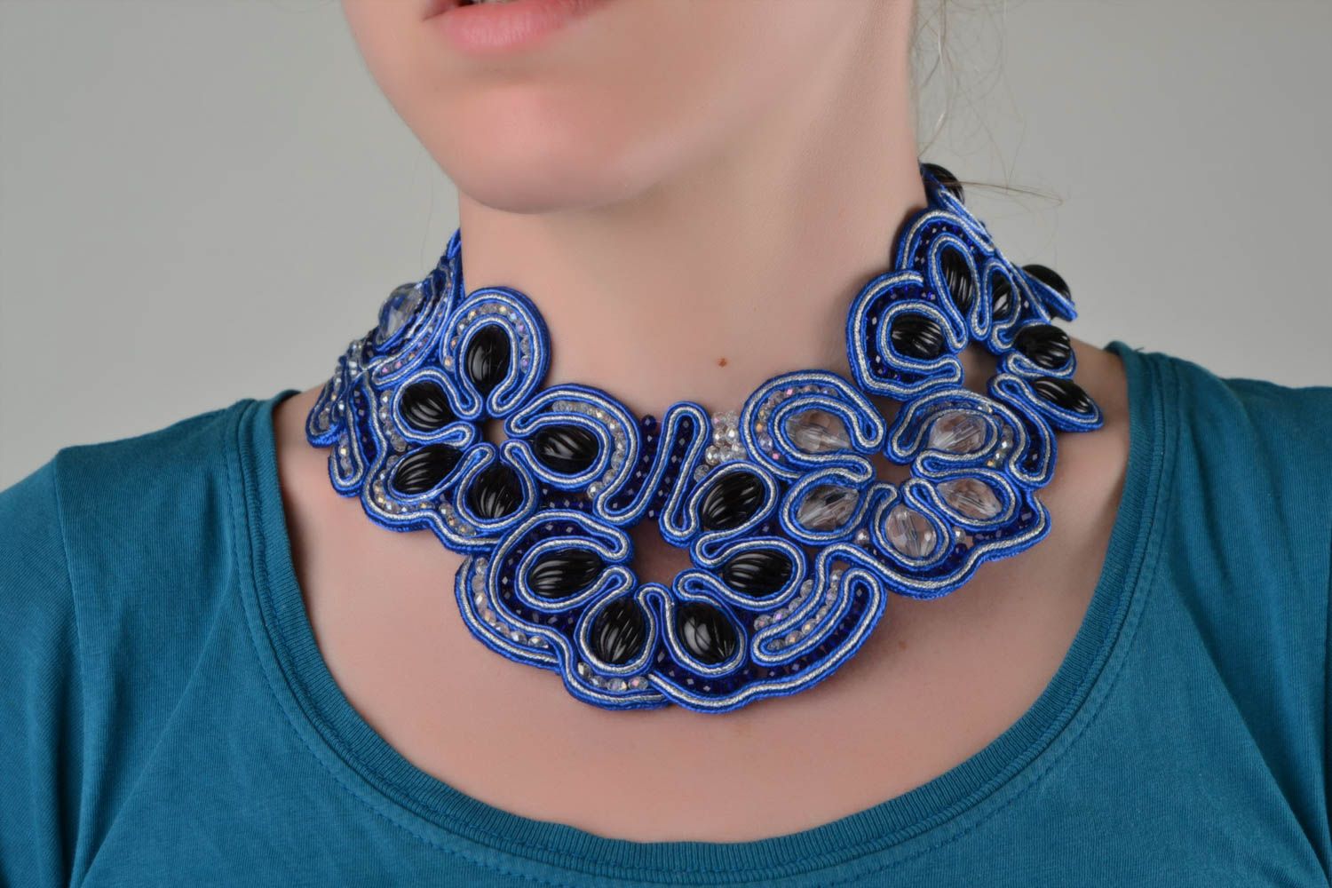 Beautiful handmade designer soutache necklace with Czech beads photo 1