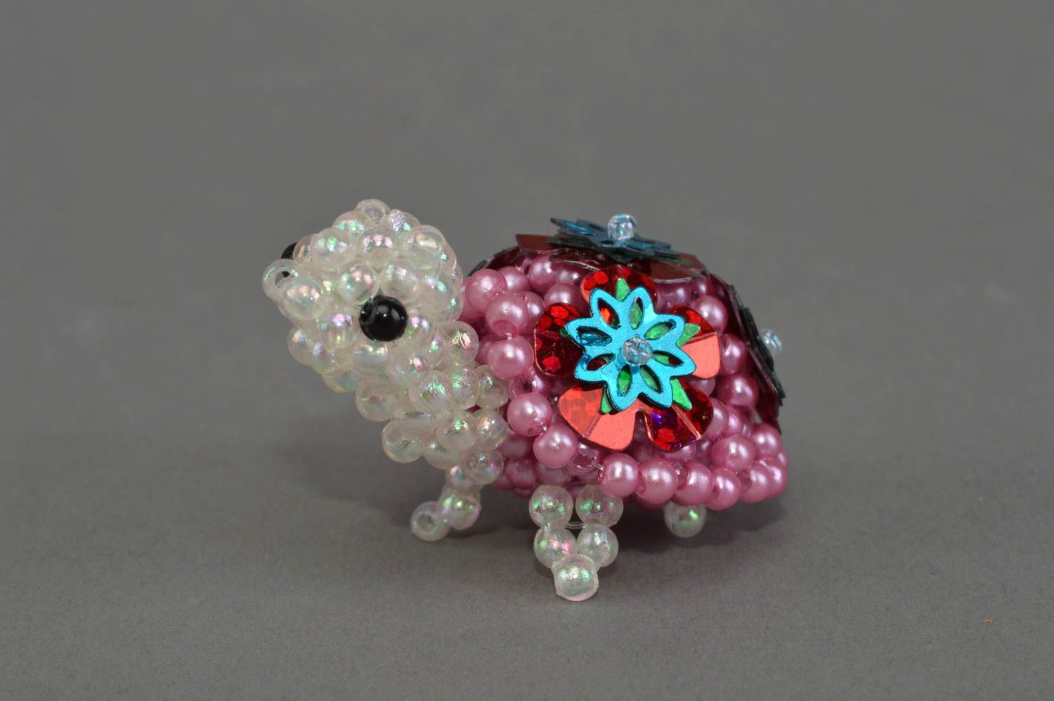 Handmade small animal figurine woven of beads statuette of turtle white and pink photo 3