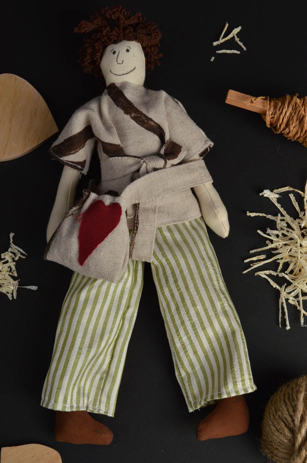 Handmade designer fabric soft doll for kids and interior decor boy with bag photo 1