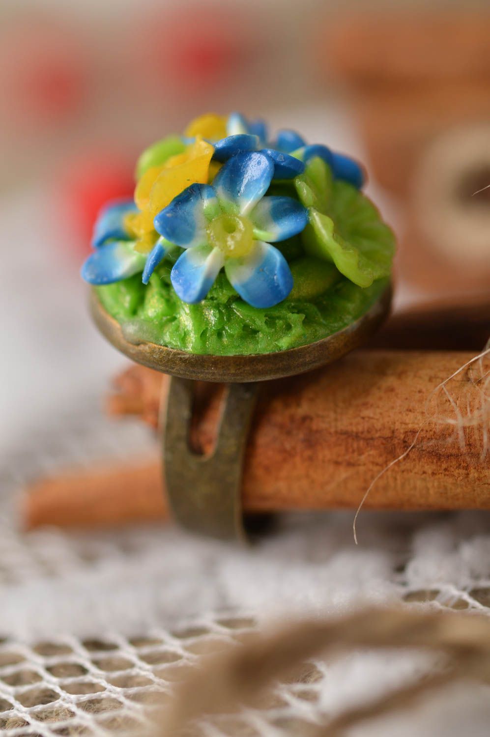 Bague fleurs Bijou fait main pâte polymère ronde réglable Cadeau femme photo 1