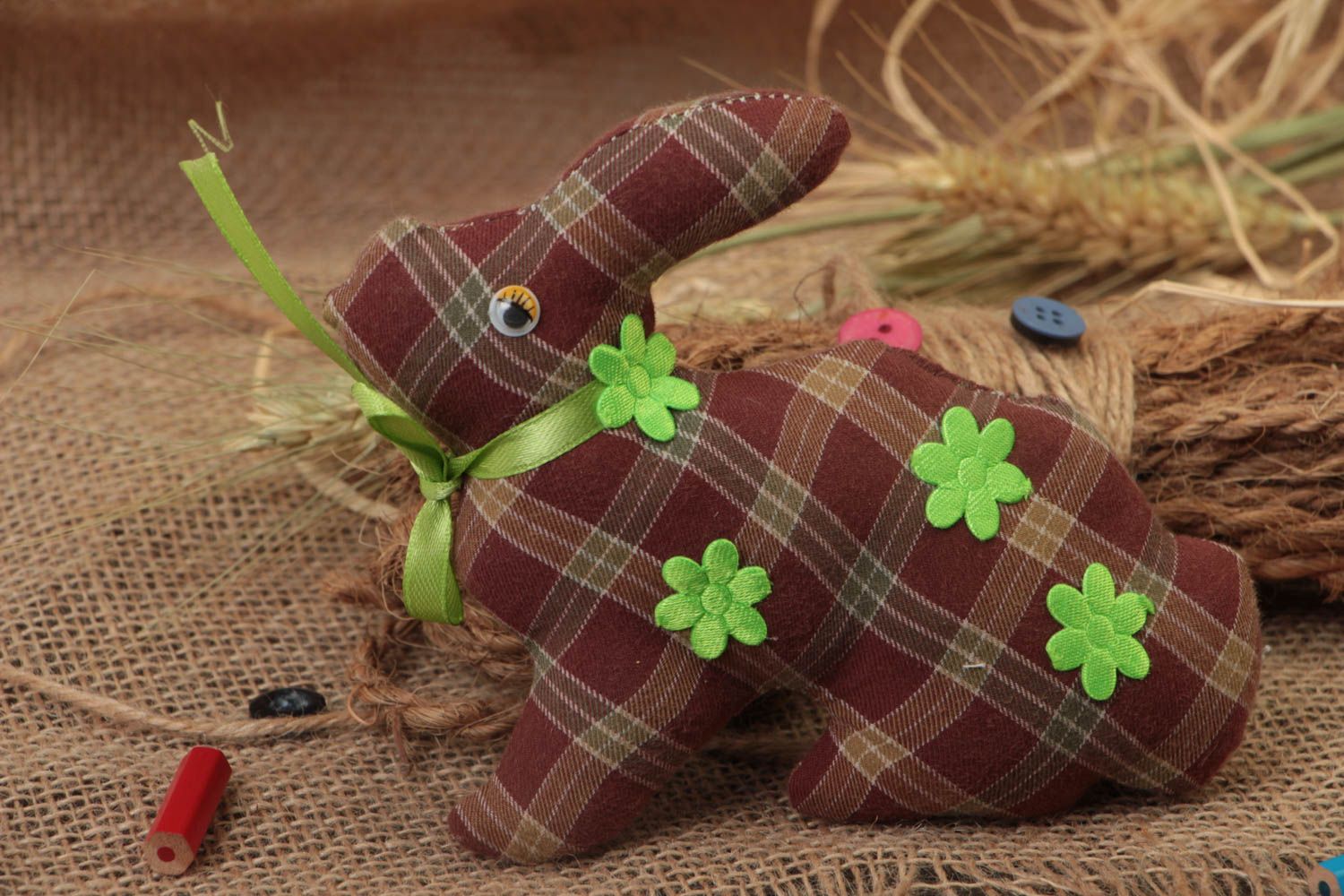 Handmade decorative chintz fabric soft toy checkered rabbit with green bow photo 1