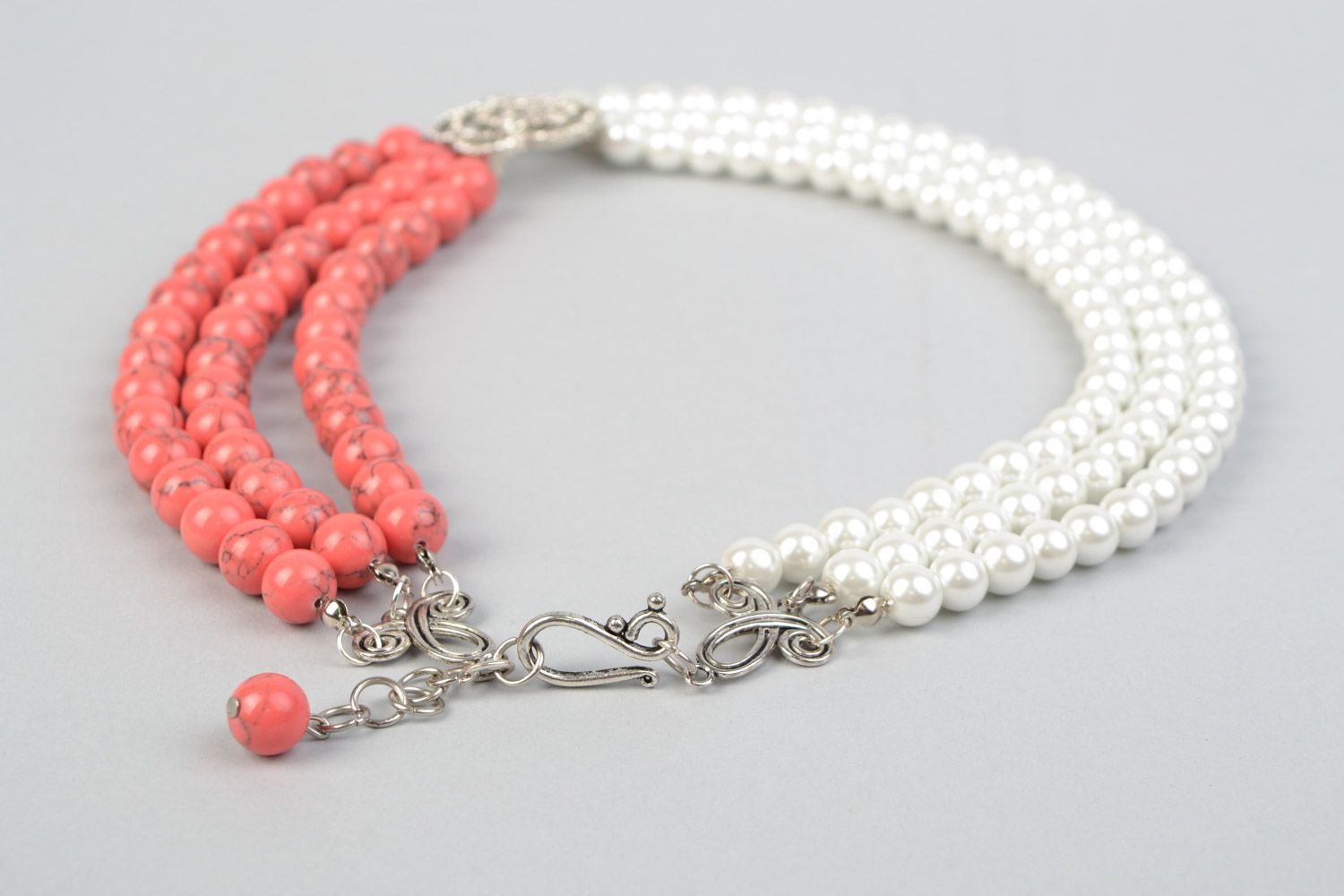Handmade two colored necklace with natural coral and ceramic pearl-like beads  photo 4