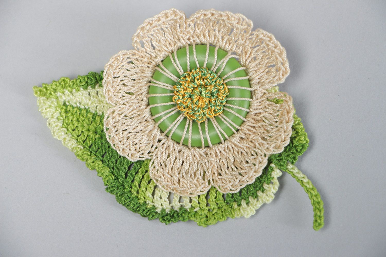 Handmade floral brooch crocheted of green and beige cotton and silk threads photo 2