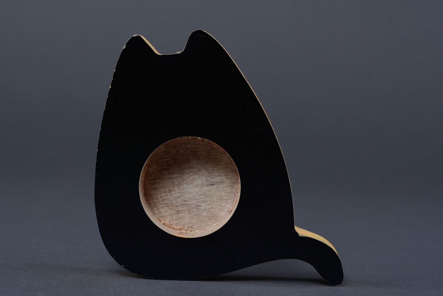 Support en bois pour bougie fait main en forme de chat noir original décoratif photo 1