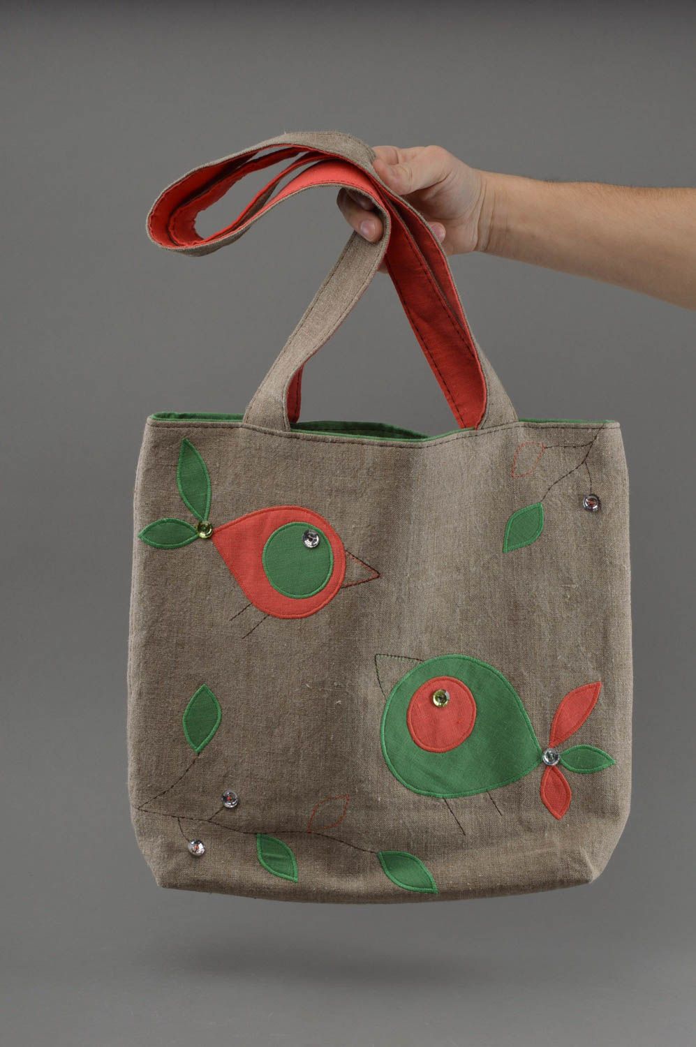 Unusual handmade designer women's textile linen shoulder bag with birds photo 4