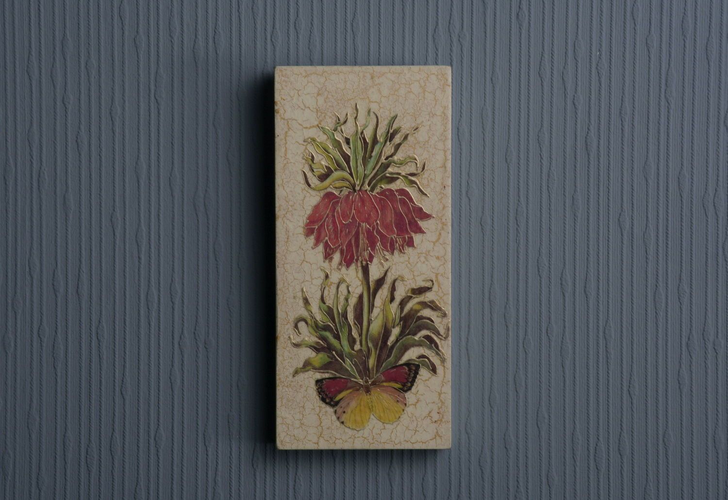 Wooden panel Red flower and butterfly photo 5