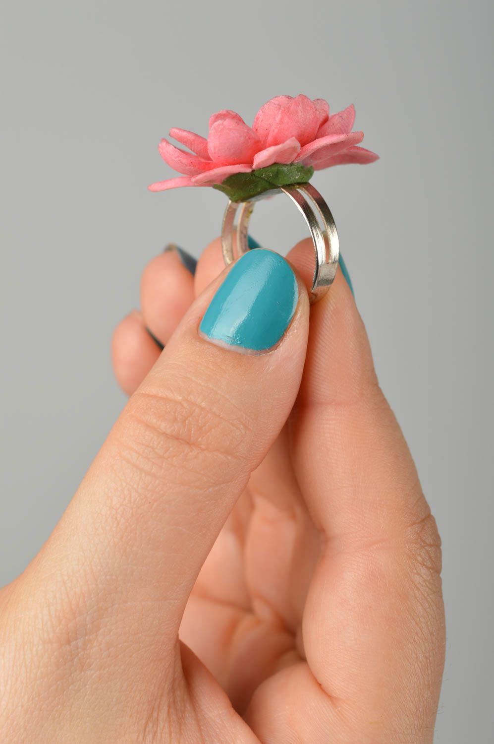 Bague fleur rose Bijou fait main pâte polymère taille réglable Cadeau femme photo 2