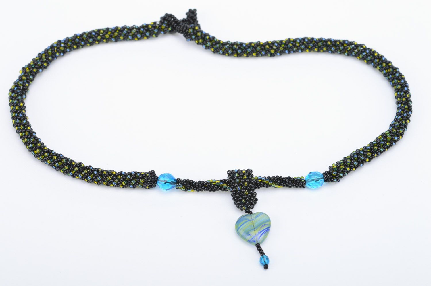 Black handmade beaded cord necklace with heart-shaped pendant photo 5