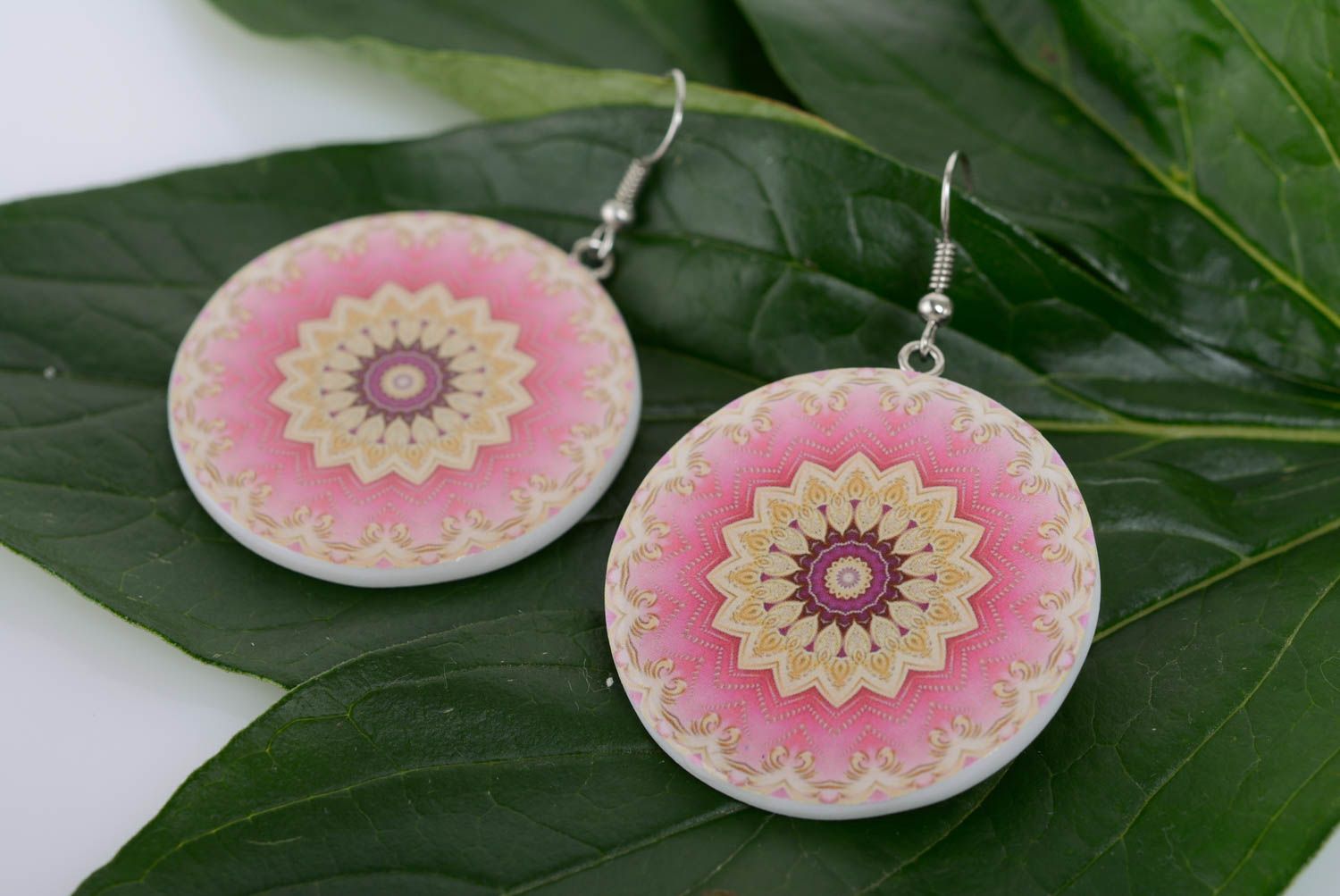 Bright pink earrings made of polymer clay with decoupage handmade jewelry photo 3