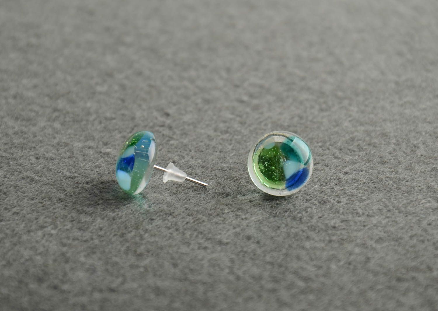 Colored stud earrings fusing glass handmade small round beautiful jewelry photo 1