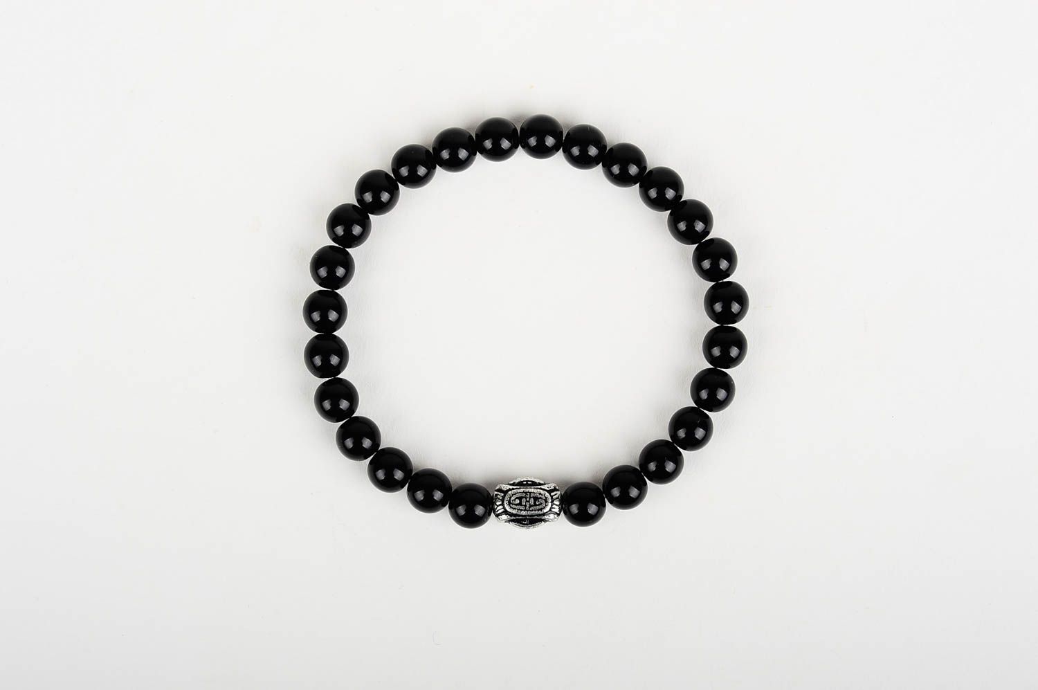 Handmade black beads stretchy bracelet with metal centerpiece charm for women photo 1