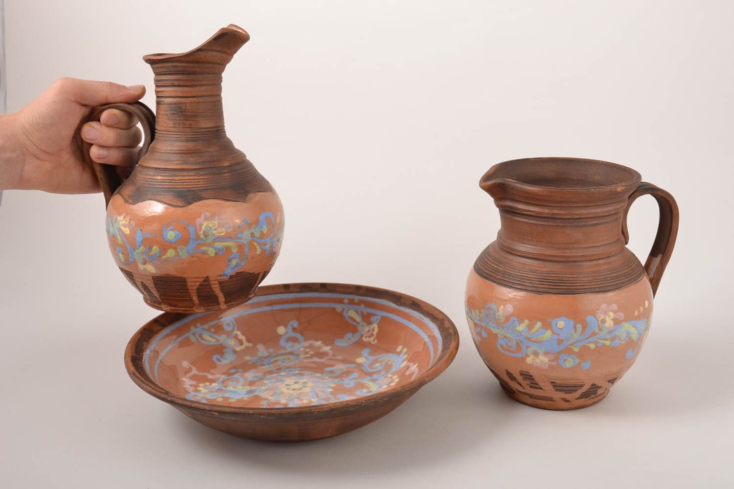 Керамическая посуда ручной работы 2 керамические кувшины глиняная миска набор фото 5