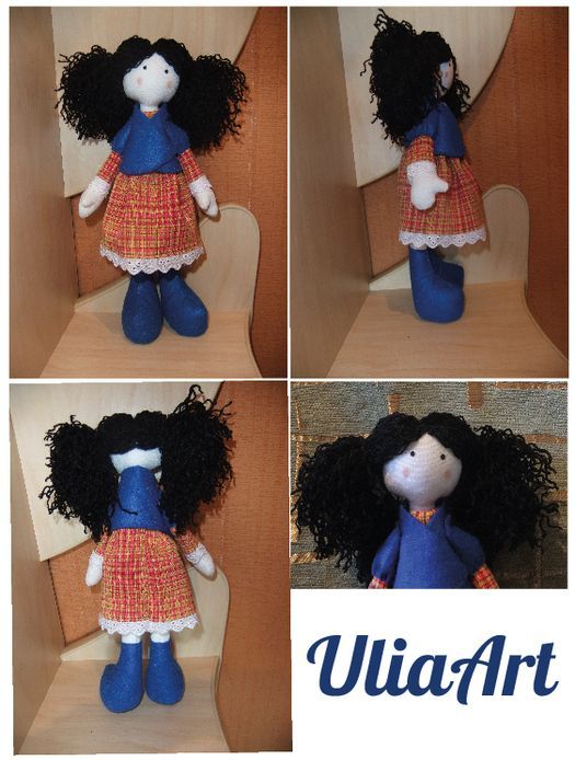 Игрушка кукла из ткани брюнетка в платье и синих сапожках ручная работа подарок фото 1