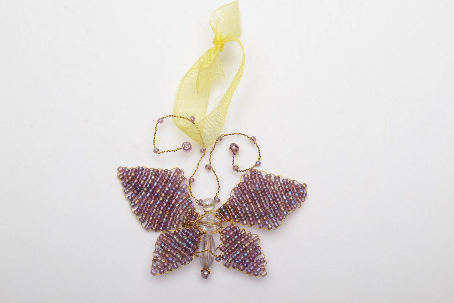 Papillon décoratif en perles de rocaille mauve fait main photo 3