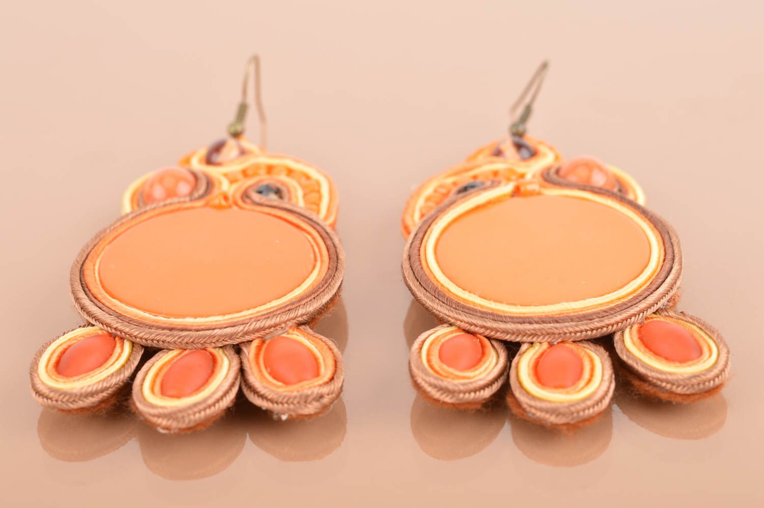 Unusual handmade long orange soutache earrings with beads designer jewelry photo 5