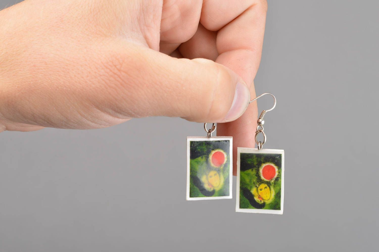Handmade long earrings with epoxy resin square-shaped earrings with charms photo 4