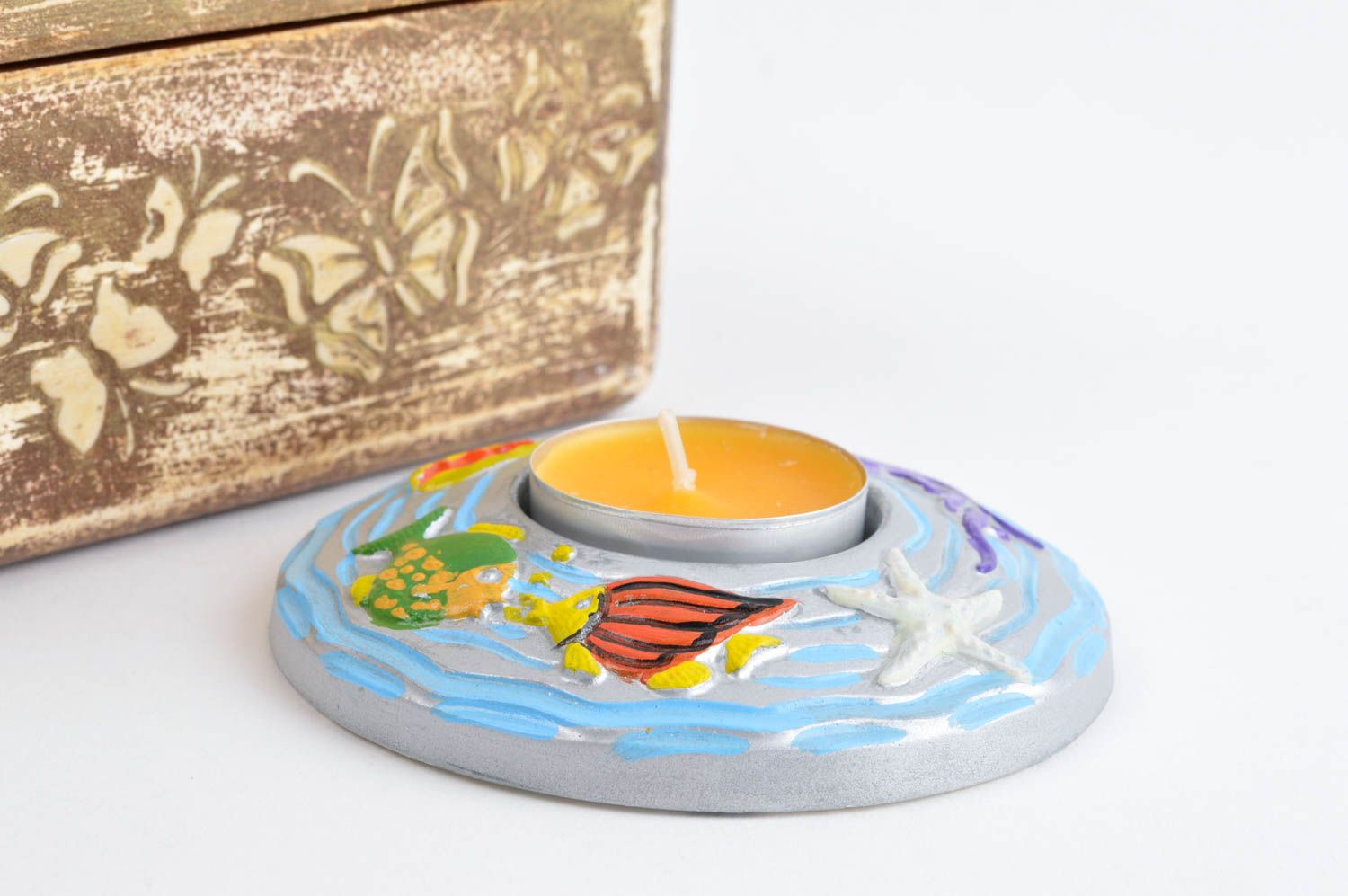 Clay hand-painted flat one tea light candle holder for home décor 0,79 inches photo 1