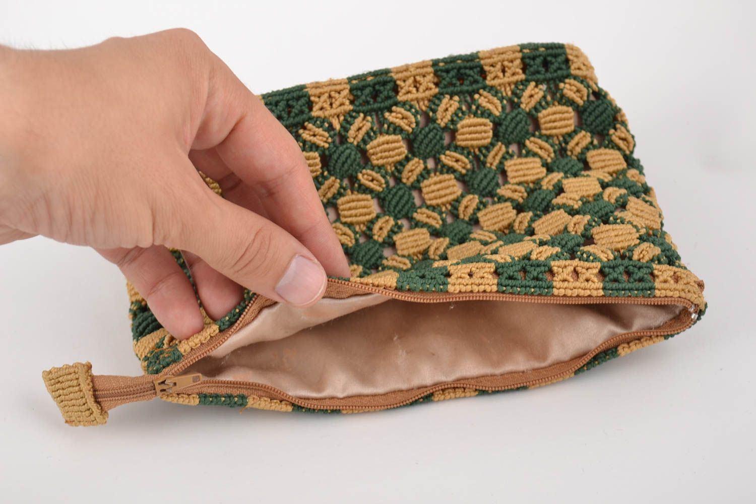 Handmade designer macrame woven cosmetics bag with geometric ornament photo 5