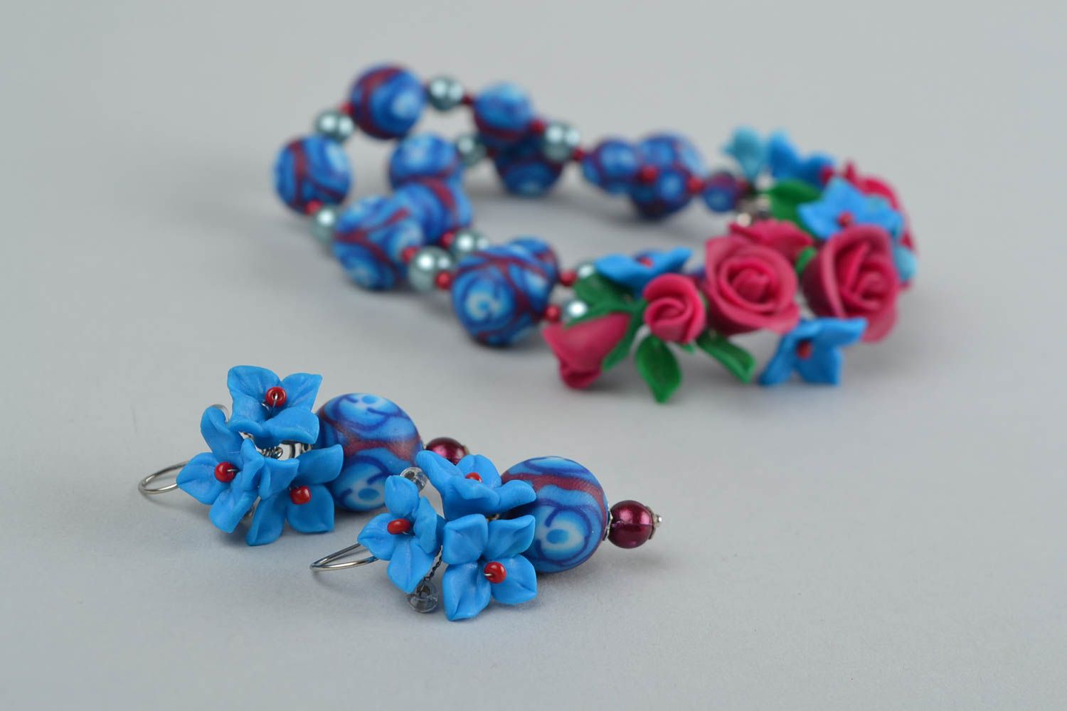 Handmade designer polymer clay jewelry set flower earrings and necklace photo 5