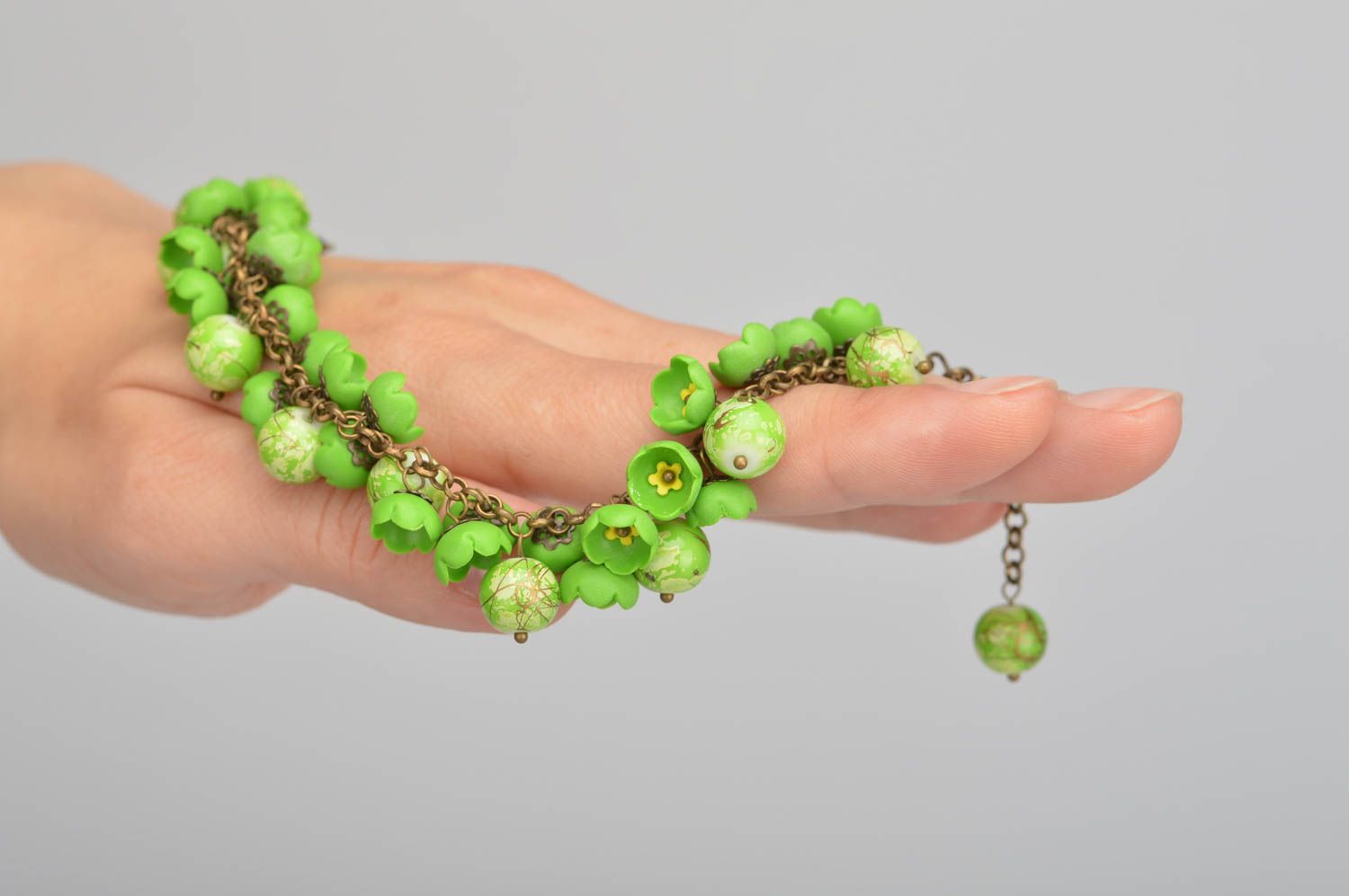 Bracelet vert Bijou fait main en pâte polymère avec fleurs Cadeau femme photo 5
