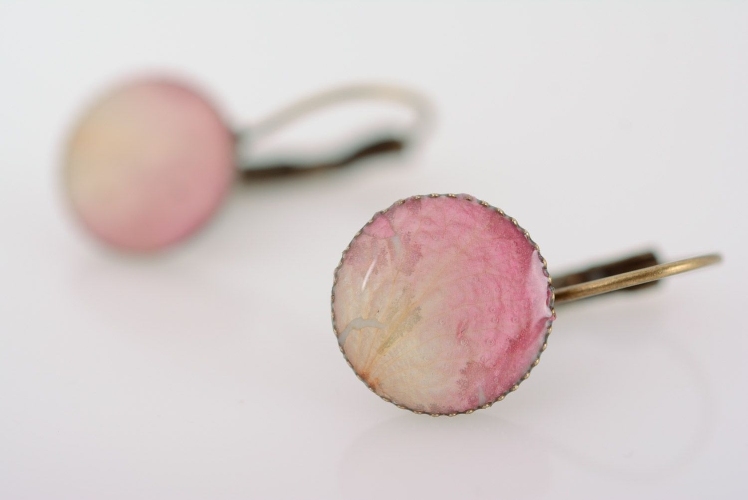 Tender pink round earrings with petals in epoxy resin for girls homemade photo 4