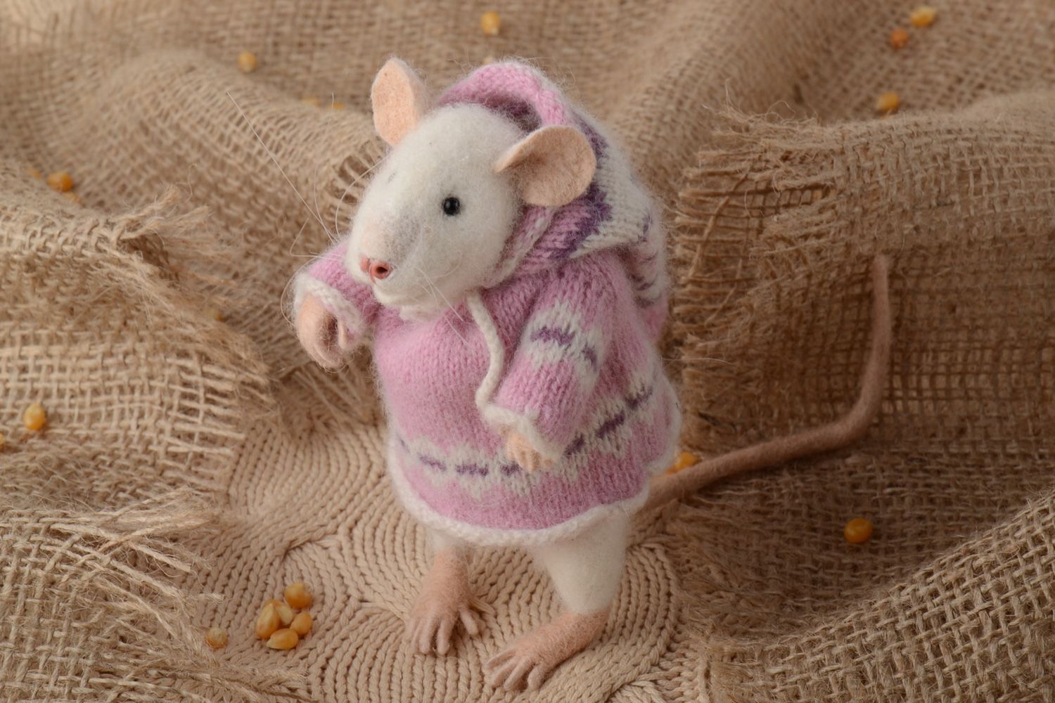 Handmade realistic soft toy felted of natural wool mouse in pink knit sweater photo 1