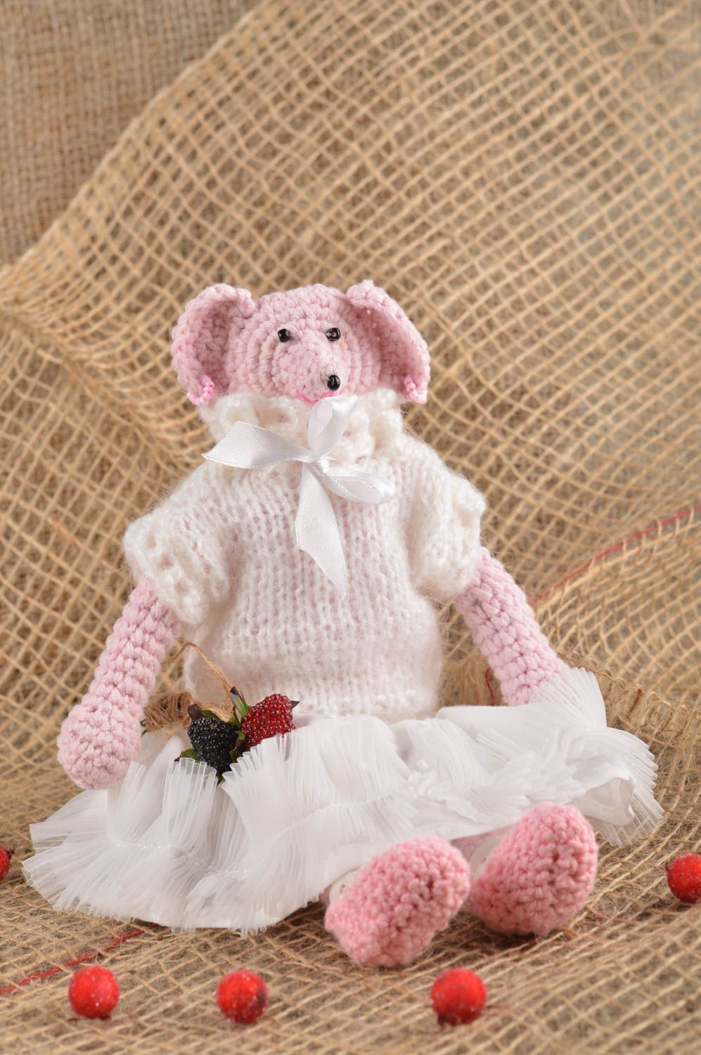 Jouet tricoté Peluche faite main souris en fils de laine et coton Cadeau enfant photo 2